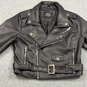 Ashley Outerwear Black Faux Leather Women’s Moto Biker Belted Zip Jacket M